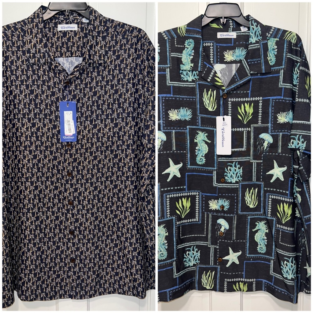 Lot of 2 NEW Caribbean Roundtree & Yorke Big Man Sea Life Seahorse Shirt 3XB